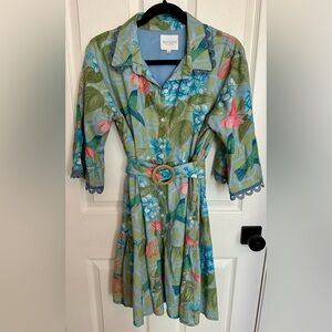 Marigold by Victoria Dunn Floral Hummingbird Dress with Rattan Belt in Size M